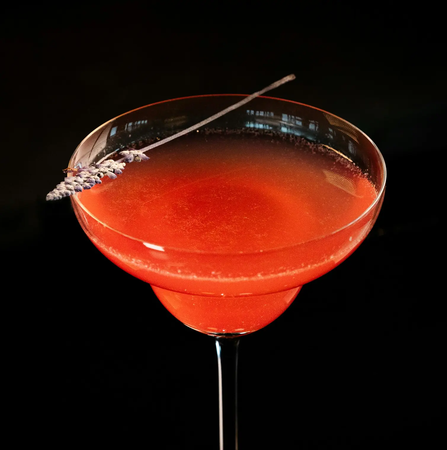 Cocktail rosso in coppa con un rametto di lavanda sul bordo.